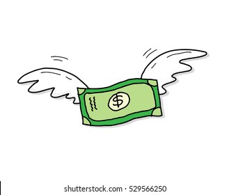 Flying Money Dollar Inflation. A hand drawn vector cartoon illustration of a money with wings soaring up high.