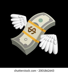 Flying Money Emoji, Dollar With The Wings. Vector Illustration On Black Background