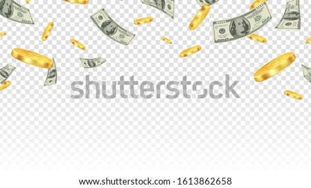 Flying money. Gold coins and banknotes in the air isolated on transparent background. Vector financial or bank or lottery win background