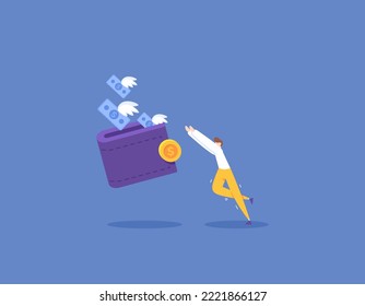 flying money and lost money. running out of money because of paying debt or credit. cost of expenses. a businessman try to chase or catch his money that fly away from the wallet. illustration concept 