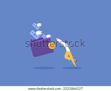 flying money and lost money. running out of money because of paying debt or credit. cost of expenses. a businessman try to chase or catch his money that fly away from the wallet. illustration concept 