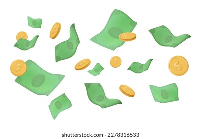 Flying money on white background. Falling dollars bills and gold coins. 3D cartoon realistic money render. Business and finance success. 3D big win or jackpot banner. Vector illustration