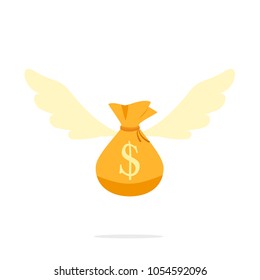 Saco de dinero volador. Imagen de vector aislada en fondo blanco