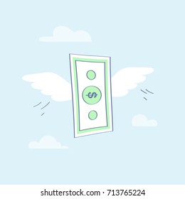Flying money stack of dollar banknotes like a bird vector Illustration, concept of Spending, Bill Expenses. Flat line cartoon icon. Easy to use.