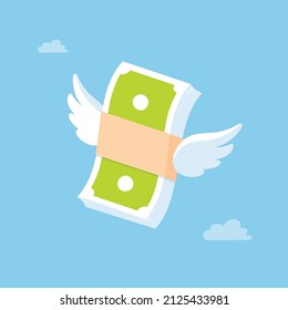 Flying money stack, dollar bills with wings vector flat illustration