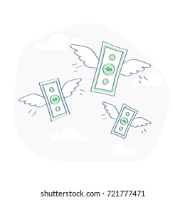 Flying money stacks of dollar banknotes. Budget Spending, Bill Expenses. Business, Financial illustration concept. Flat outline vector.