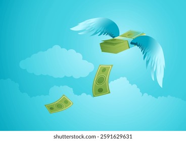 Flying money. Symbolizing financial loss, missed opportunities, inflation, financial success, rapid transactions, and economic movement