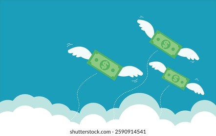 flying money that have wings fly away with blue background vector graphic illustration