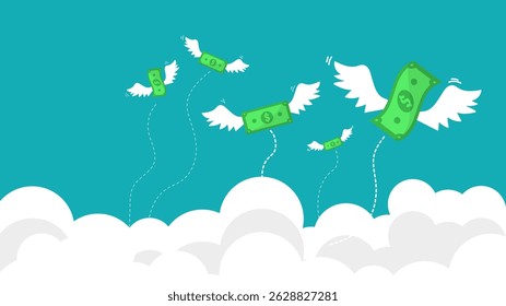 flying money that have wings fly away with blue background.