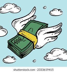 Flying money with wings and cloud