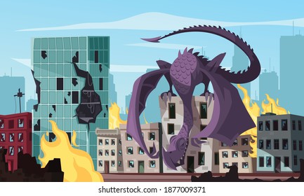 Flying monster sitting on roof attacking burning city cartoon vector illustration