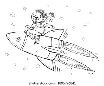 Volando a la luna. Dibujó la ilustración en blanco y negro de un niño que monta un cohete.