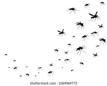 Flying mosquitoes black silhouette isolated. Insect flock in air. Viruses and diseases spreading medical vector concept. Insect mosquito black silhouette, gnat and pest illustration