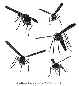 Flying mosquitoes on a white background. A set of silhouettes of mosquitoes in outline.