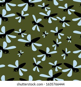 Flying mosquitoes seamless pattern. Insect flock in air. Viruses and diseases spreading medical vector concept. Insect, hike vector flat, gnat, pest illustration. Isolated on army-color backgroud