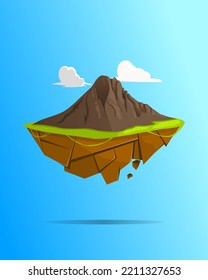 Flying mountain island 2D vector illustration. Floating landscape.