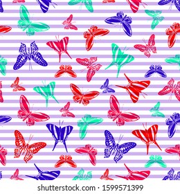 Flying multicolor butterfly silhouettes over striped background vector seamless pattern. Kids fashion fabric print design. Lines and butterfly garden insect silhouettes seamless illustration.