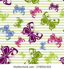 Flying multicolor butterfly silhouettes over striped background vector seamless pattern. Kids fashion textile print design. Lines and butterfly winged insect silhouettes seamless design.