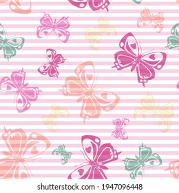 Flying multicolor butterfly silhouettes over horizontal stripes vector seamless pattern. Vintage textile print design. Stripes and butterfly garden insect silhouettes seamless illustration.