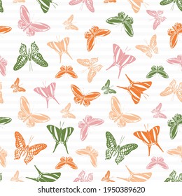 Flying multicolor butterfly silhouettes over striped background vector seamless pattern. Kids fashion fabric print design. Lines and butterfly garden insect silhouettes seamless wrapping.