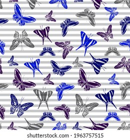 Silhouettes de mariposa multicolor sobre rayas horizontales vectoriales sin fisuras. Diseño de impresión de tela para ropa de bebé. Las líneas y las siluetas de insectos alados de mariposa están perfectamente diseñadas.