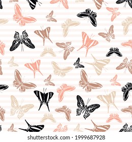 Flying multicolor butterfly silhouettes over horizontal stripes vector seamless pattern. Childish fashion textile print design. Stripes and butterfly winged insect silhouettes seamless wrapping.