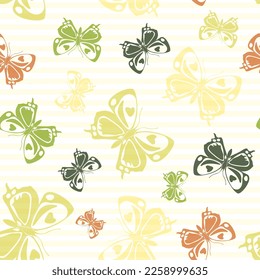 Flying multicolor butterfly silhouettes over striped background vector seamless pattern. Childish fashion textile print design. Lines and butterfly garden insect silhouettes seamless wallpaper.