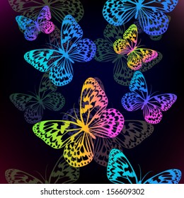 flying multicolored butterflies on a black background 
