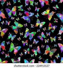 flying multicolored butterflies on a black background.seamless pattern. 