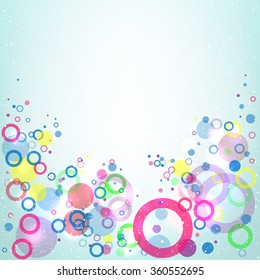 Flying up multicolored circles on light blue mesh background with the area for the text
