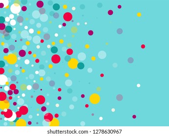 Flying multicolored confetti on a blue background. Red, pink, blue, yellow circles.