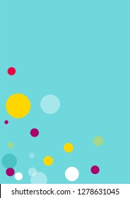 Flying multicolored confetti on a blue background. Red, pink, blue, yellow circles.