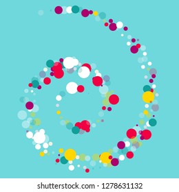 Flying multicolored confetti on a blue background. Red, pink, blue, yellow circles.