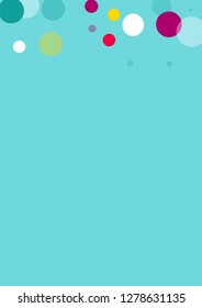 Flying multicolored confetti on a blue background. Red, pink, blue, yellow circles.