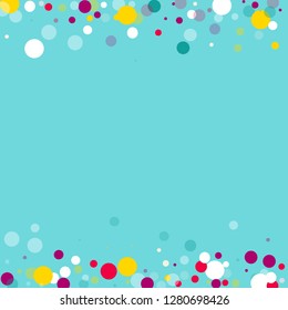 Flying multicolored confetti on a blue background. Red, pink, blue, yellow circles.