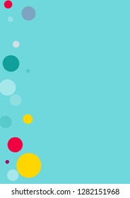 Flying multicolored confetti on a blue background. Red, pink, blue, yellow circles.