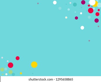 Flying multicolored confetti on a blue background. Red, pink, blue, yellow circles.