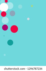 Flying multicolored confetti on a blue background. Red, pink, blue, yellow circles.