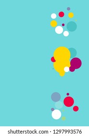 Flying multicolored confetti on a blue background. Red, pink, blue, yellow circles.