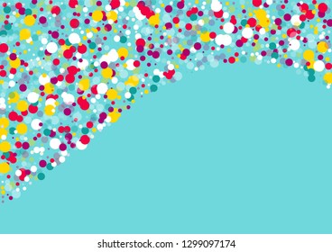 Flying multicolored confetti on a blue background. Red, pink, blue, yellow circles.
