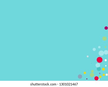 Flying multicolored confetti on a blue background. Red, pink, blue, yellow circles.