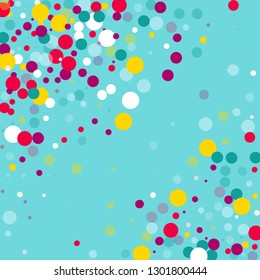 Flying multicolored confetti on a blue background. Red, pink, blue, yellow circles.