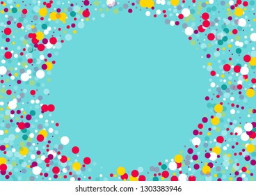 Flying multicolored confetti on a blue background. Red, pink, blue, yellow circles.