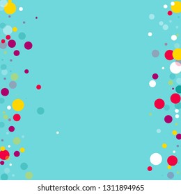 Flying multicolored confetti on a blue background. Red, pink, blue, yellow circles.