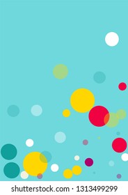 Flying multicolored confetti on a blue background. Red, pink, blue, yellow circles.
