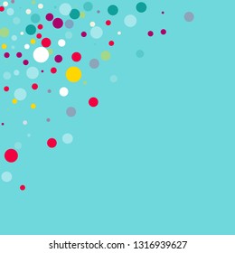 Flying multicolored confetti on a blue background. Red, pink, blue, yellow circles.