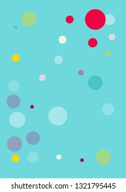 Flying multicolored confetti on a blue background. Red, pink, blue, yellow circles.
