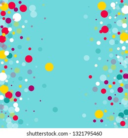 Flying multicolored confetti on a blue background. Red, pink, blue, yellow circles.