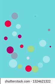 Flying multicolored confetti on a blue background. Red, pink, blue, yellow circles.