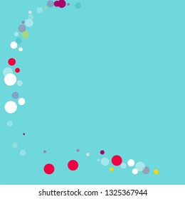 Flying multicolored confetti on a blue background. Red, pink, blue, yellow circles.